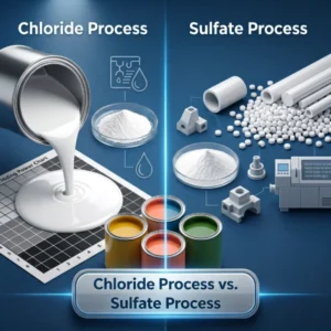 Rutile titanium dioxide for industrial coatings and plastics; contrasting chloride vs. sulfate process performance.