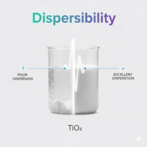 Comparison of TiO2 dispersibility showing poor dispersion vs. excellent dispersion, dispersibility of powder