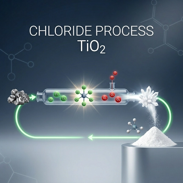 पेंट, प्लास्टिक और टेक्सटाइल उद्योग के लिए क्लोराइड प्रक्रिया TiO2 उत्पादन आरेख।