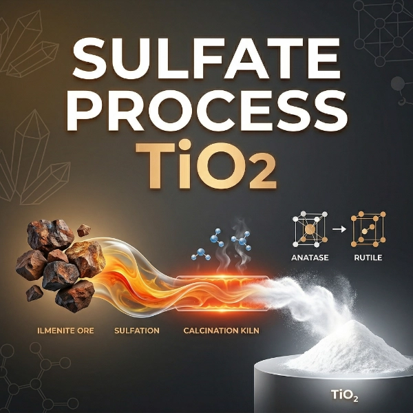 Sulfate Process TiO2 production diagram showing Ilmenite ore to Rutile and Anatase titanium dioxide transformation via Sulfation and Calcination - HXTiO2