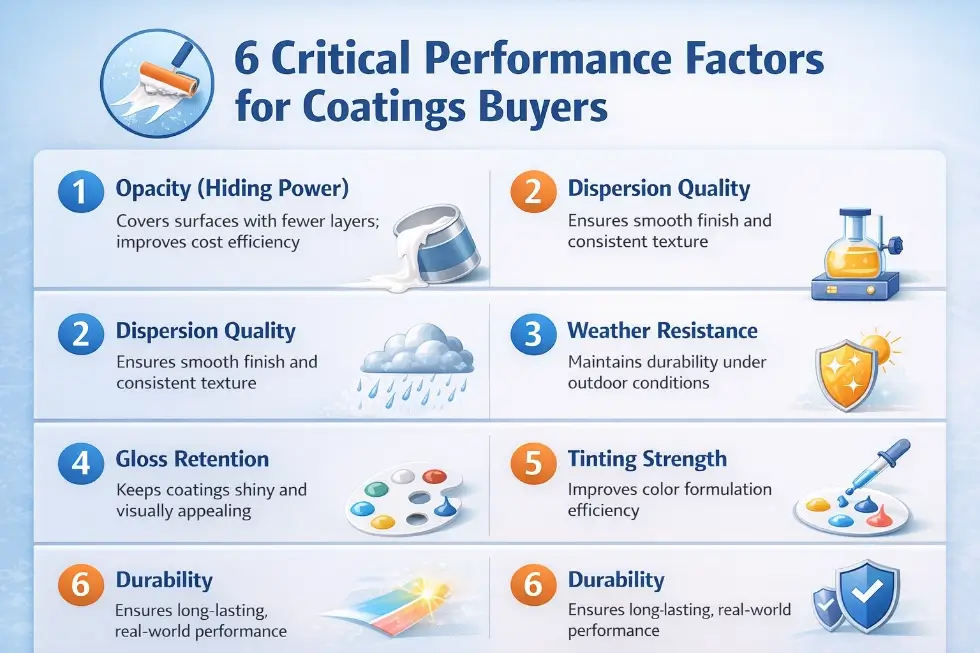 Infographic of 6 performance factors for coatings: opacity, dispersion, weather resistance, gloss, tinting strength, and durability.