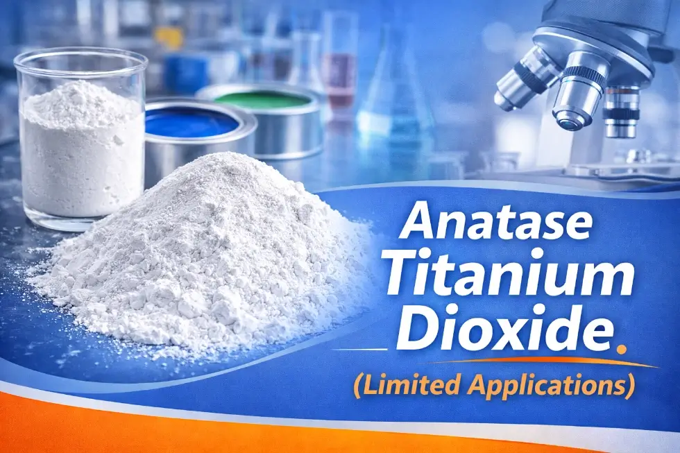 Anatase titanium dioxide pigment powder with microscope and lab equipment for interior paint applications.