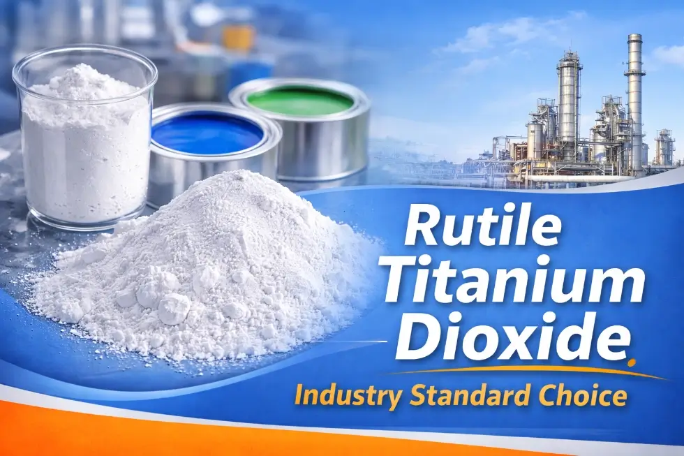 Rutile titanium dioxide pigment powder with industrial paint cans and factory background for coatings formulations.