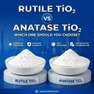 Rutile TiO2 vs Anatase TiO2 powder comparison in white bowls showing technical advantages like strong UV resistance and high brightness for industrial chemical applications