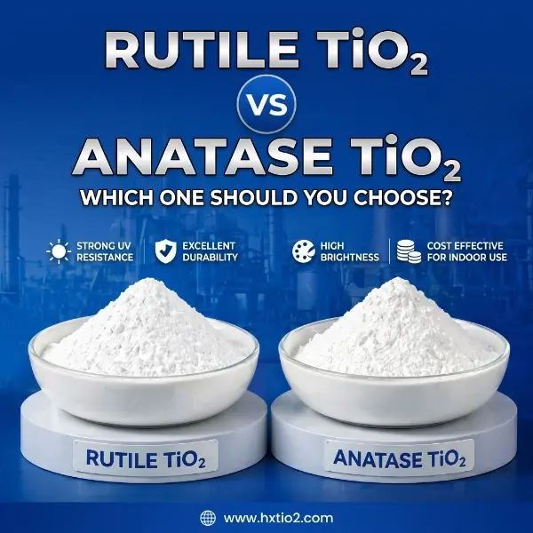 Rutile TiO2 vs Anatase TiO2 powder comparison in white bowls showing technical advantages like strong UV resistance and high brightness for industrial chemical applications