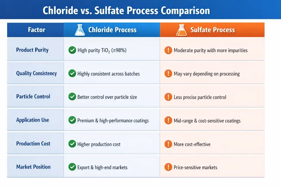 Comparison table of chloride and sulfate TiO2 processes covering purity, consistency, particle control, and production cost.