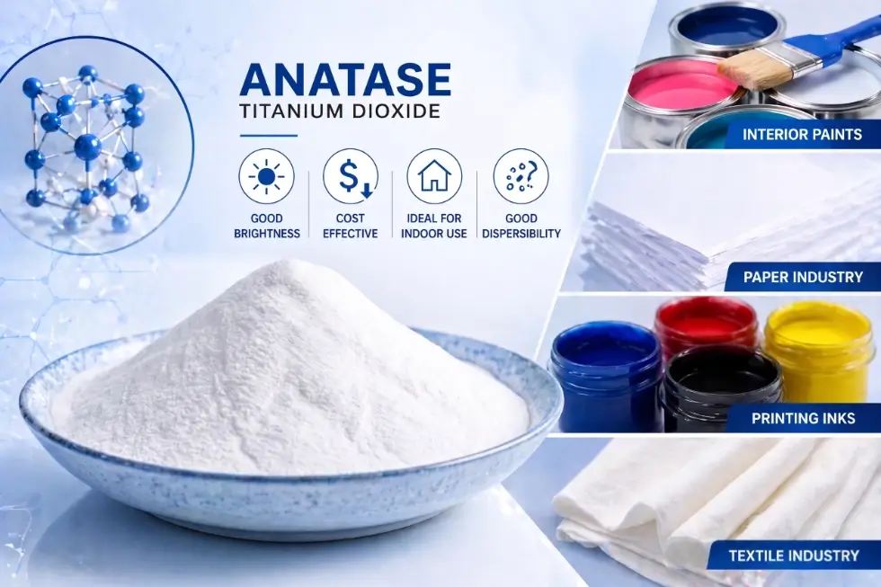 Diagram showing the crystal structure and functional features of Anatase titanium dioxide, emphasizing its high purity and superior light-scattering performance in non-outdoor environments.