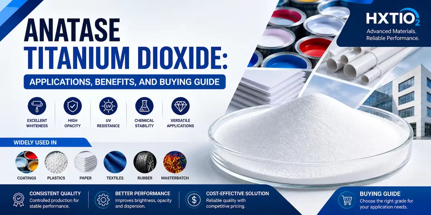 infographic of Anatase titanium dioxide pigment powder uses in coatings, plastics, paper, textiles, rubber. It highlights key benefits including high whiteness, opacity, and cost-effective sourcing.
