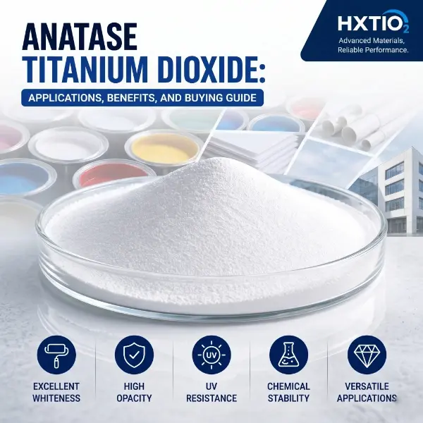 Pure white Anatase Titanium Dioxide powder in a glass dish by HXTIO2, featuring high opacity and excellent whiteness for global industrial applications.